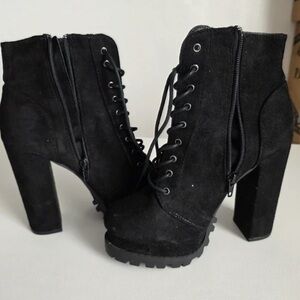 Fashion Nova Black Lace-Up Chunky Heel Ankle Booties